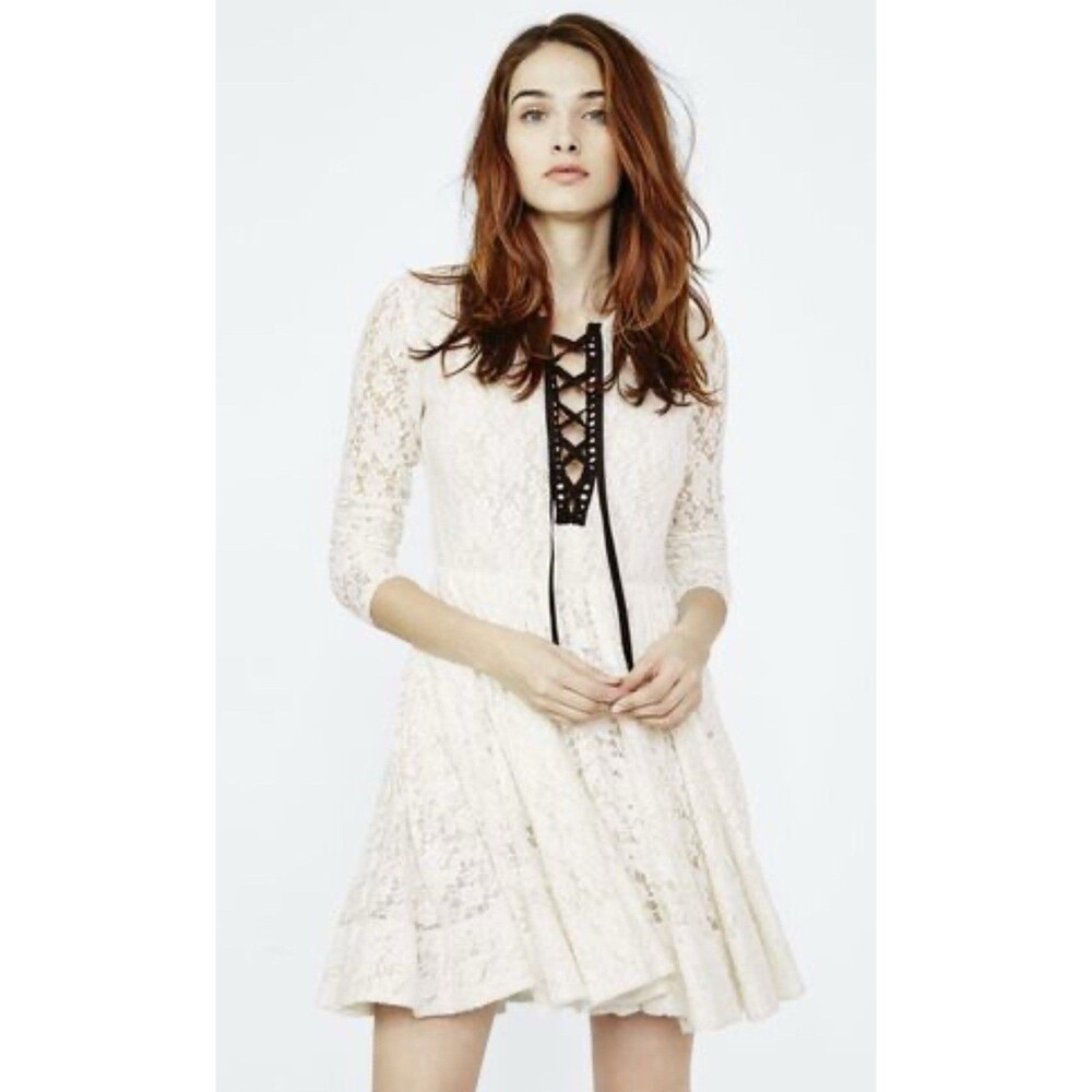Maje Robby Lace Dress Ecru Long Sleeve Black Ribbon Tie Size T1 (US 4) NWT $660